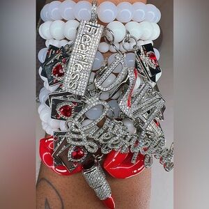 Bold Red & White Beaded Charm Bracelet Stack - Fearless Script Charm